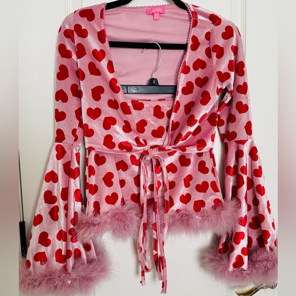 Dolls kill x Sugar Thrillz velour pink & red heart skirt set size XS